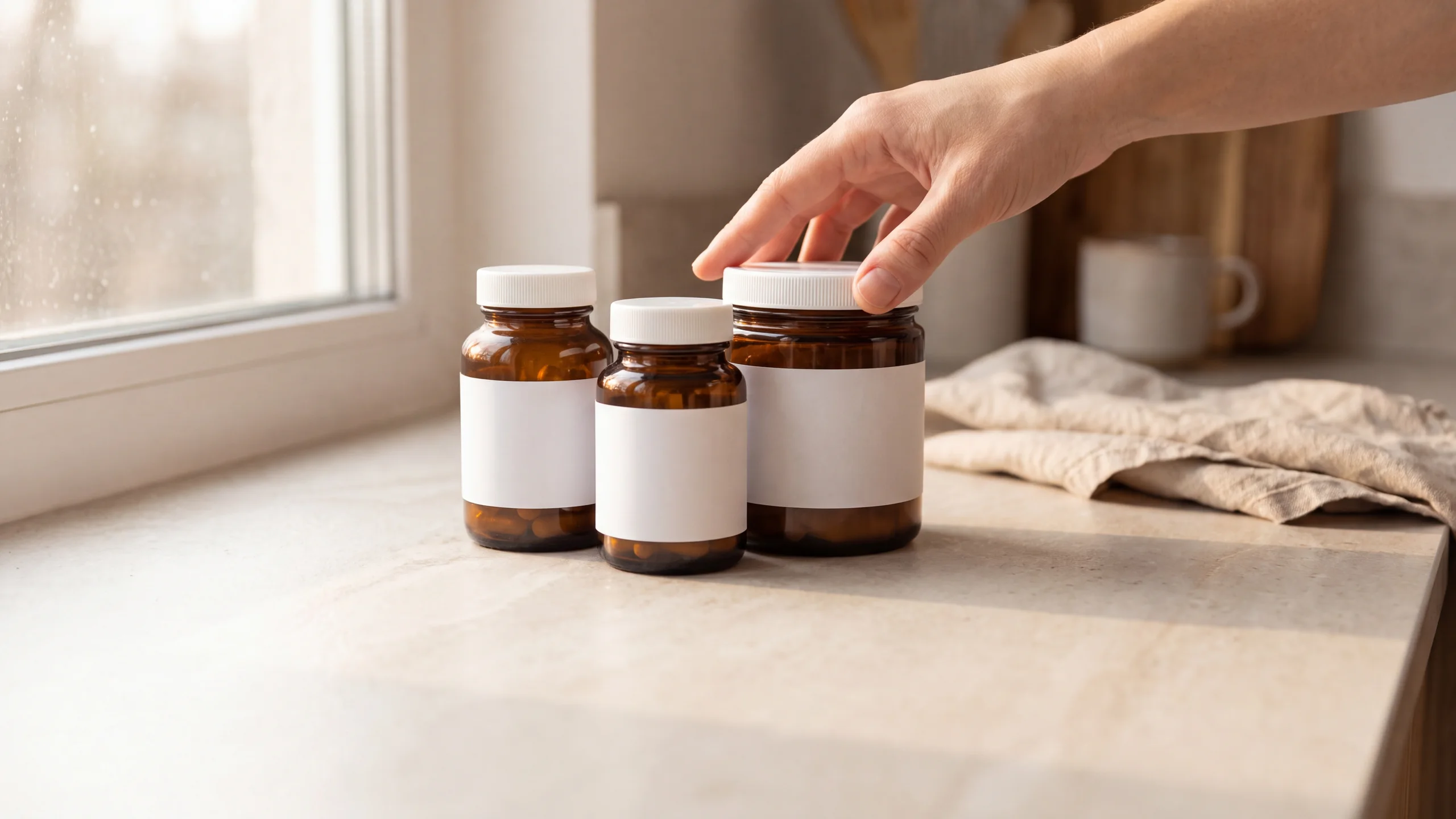 Two amber supplement bottles and a jar on a pale stone kitchen counter, a hand turning one bottle in morning light.