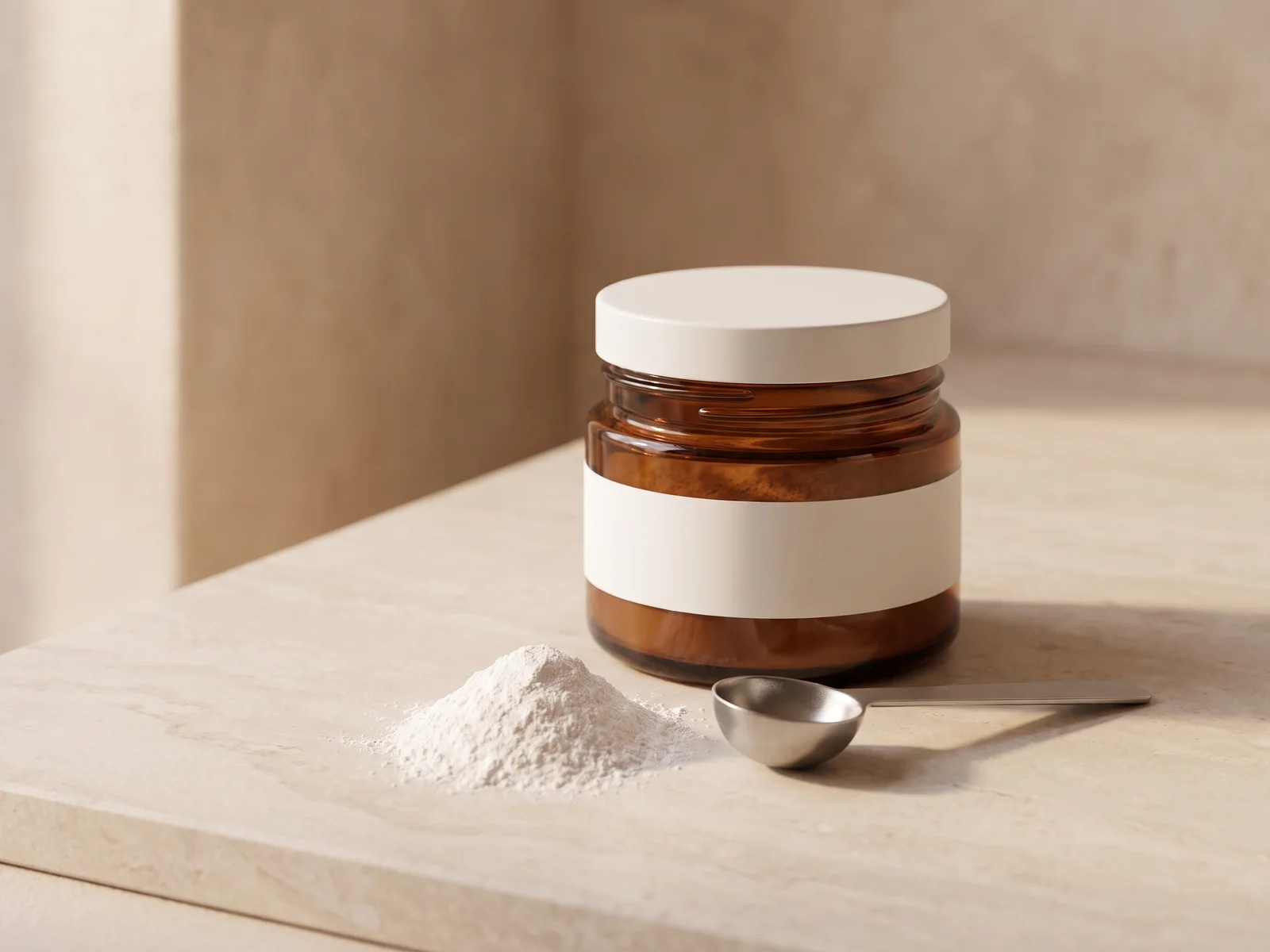 Creatine monohydrate: one amber jar on a stone counter.