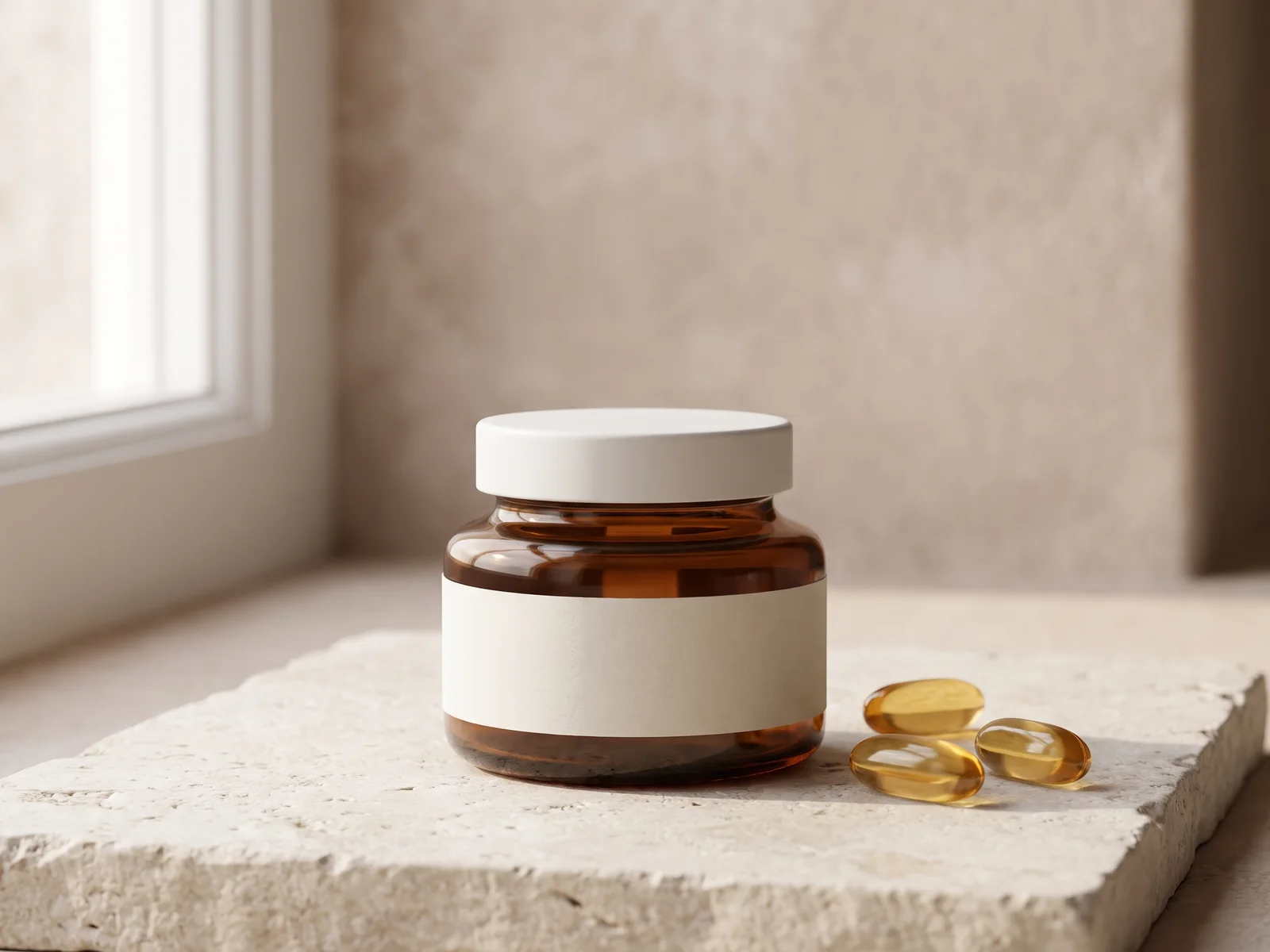 Vitamin D3 + K2: one amber bottle on a stone counter.