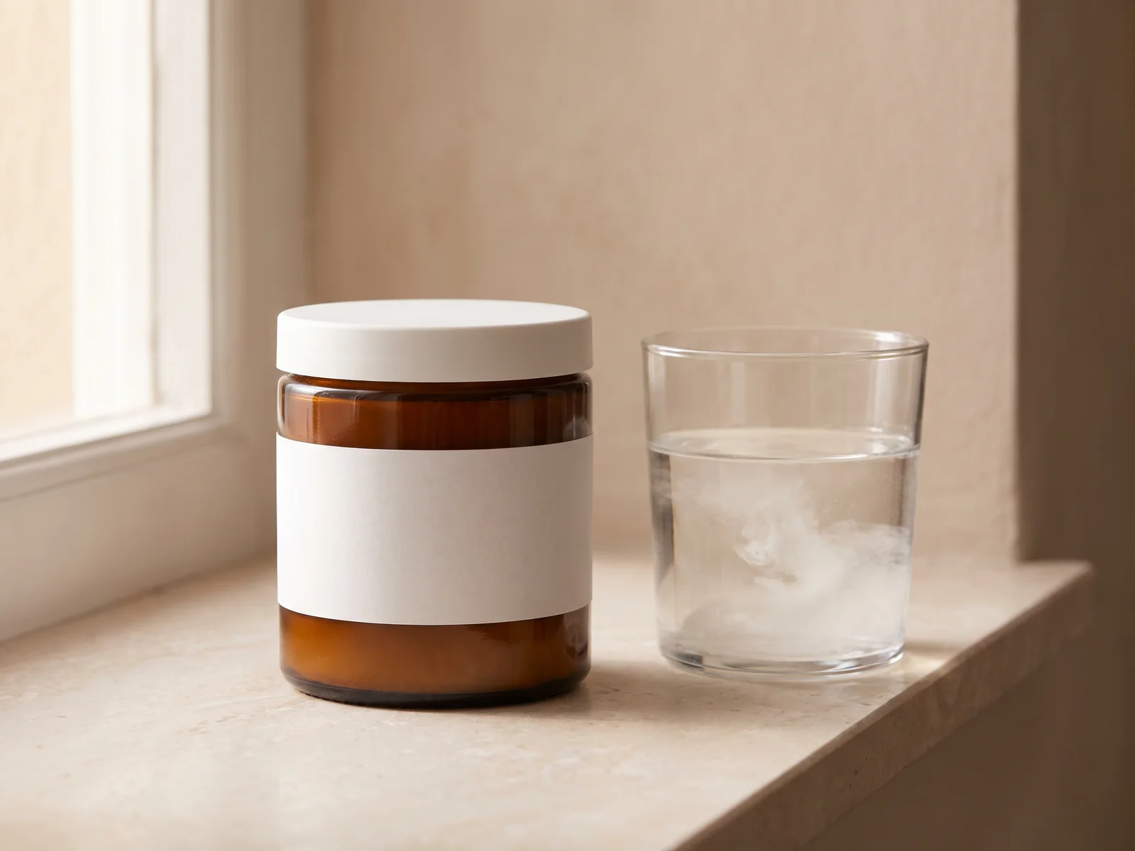 Electrolyte mix, unflavored: one amber jar on a stone counter.